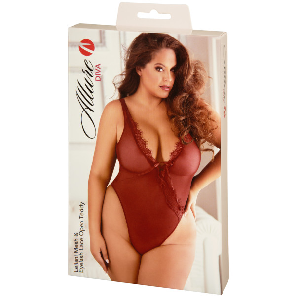 Allure Diva Leilani Teddy Ouvert en Maille et Dentelle Frangée Rouge Grande Taille Image de l'emballage 90